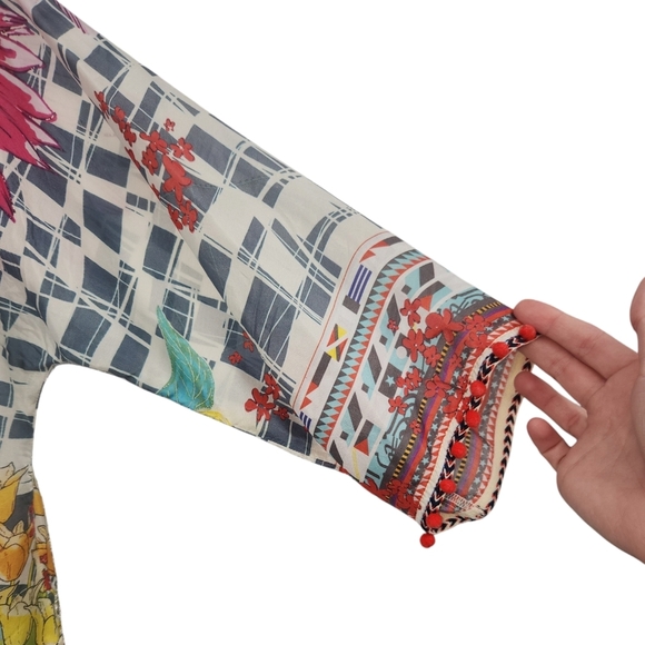 Johnny Was Theda Printed Tunic w/ Pompom Trim Small - Picture 3 of 6